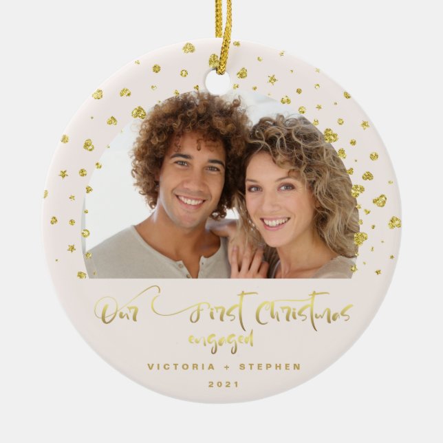 Our First Christmas Engaged Photo Gold Hearts Ceramic Tree Decoration (Front)