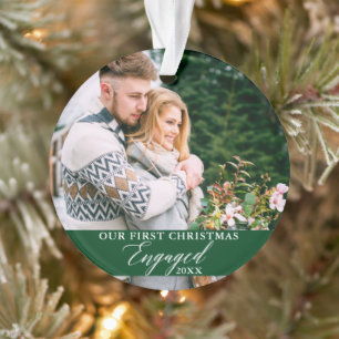 Our First Christmas Engaged Photo Green Ornament