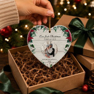Our First Christmas Engaged Photo Heart Ceramic Tree Decoration