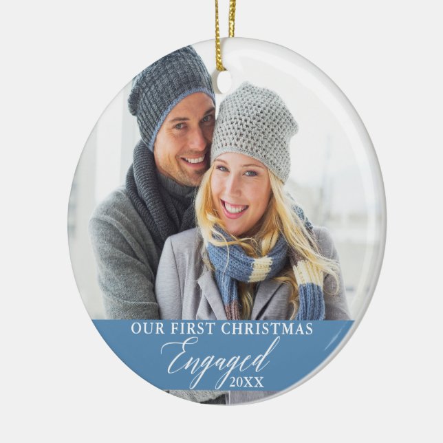 Our First Christmas Engaged Photo Light Blue Ceramic Tree Decoration (Left)