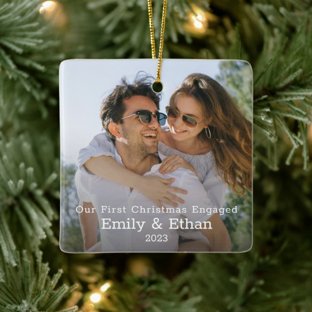 Our First Christmas Engaged Photo Minimal Modern Ceramic Ornament (Tree)