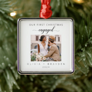 Our First Christmas Engaged Photo Minimalist Metal Tree Decoration