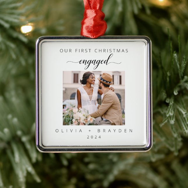 Our First Christmas Engaged Photo Minimalist Metal Tree Decoration (Tree)