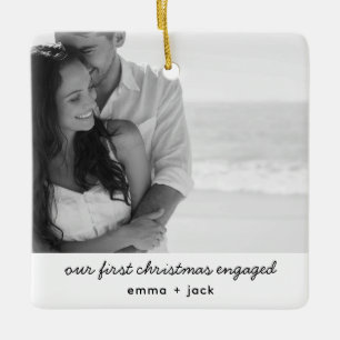Our First Christmas Engaged Photo Modern Minimal Ceramic Ornament