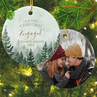 Our First Christmas Engaged Photo Pine Tree Forest Ceramic Tree Decoration