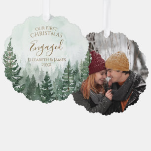 Our First Christmas Engaged Photo Pine Tree Forest Decoration Card