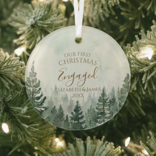 Our First Christmas Engaged Photo Pine Tree Forest Glass Tree Decoration