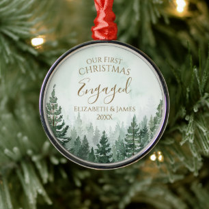 Our First Christmas Engaged Photo Pine Tree Forest Metal Tree Decoration