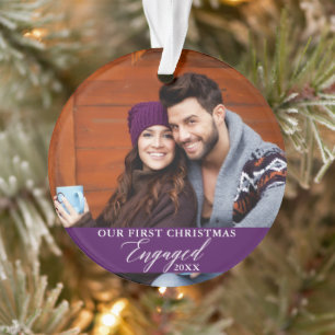Our First Christmas Engaged Photo Purple Ornament