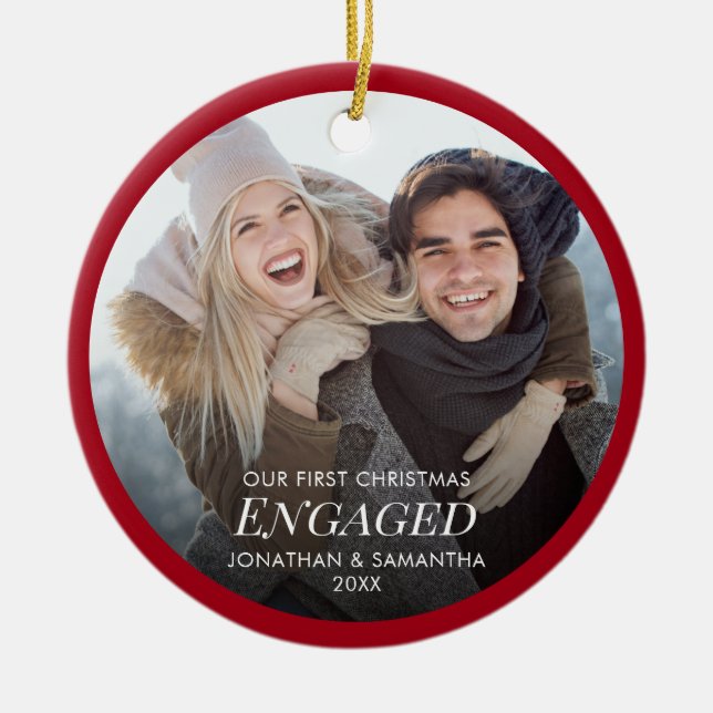 Our First Christmas Engaged Photo Red Ceramic Tree Decoration (Front)