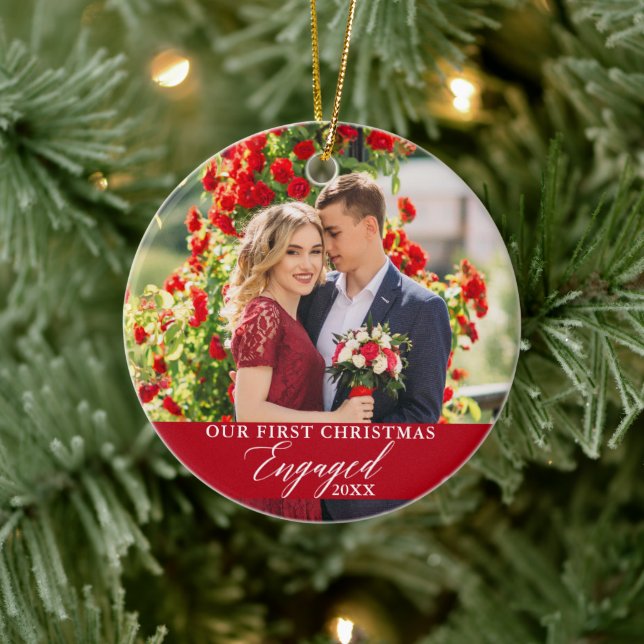 Our First Christmas Engaged Photo Red Ceramic Tree Decoration (Tree)