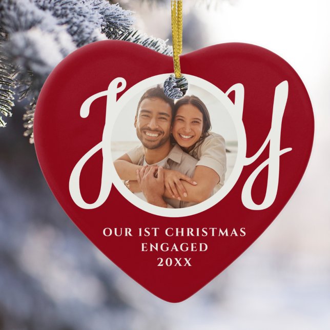 Our First Christmas Engaged Photo Red Heart-Shaped Ceramic Tree Decoration (Creator Uploaded)