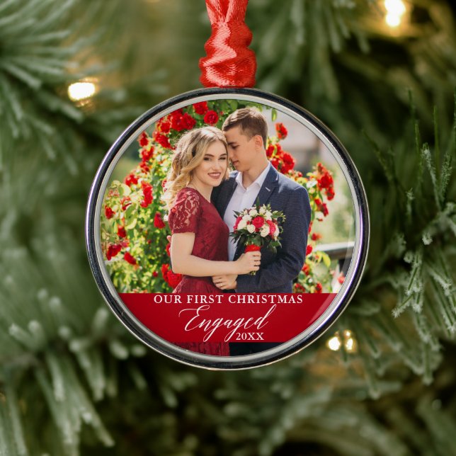 Our First Christmas Engaged Photo Red Metal Tree Decoration (Tree)