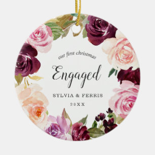 Our First Christmas Engaged Plum Floral Photo Ceramic Tree Decoration