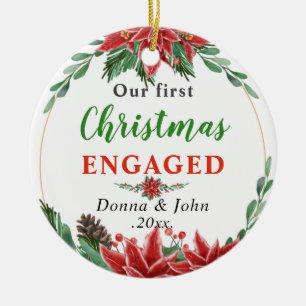 Our First Christmas Engaged Poinsettia Wreath Ceramic Tree Decoration