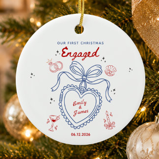 Our First christmas Engaged Red Blue Handdrawn Ceramic Tree Decoration