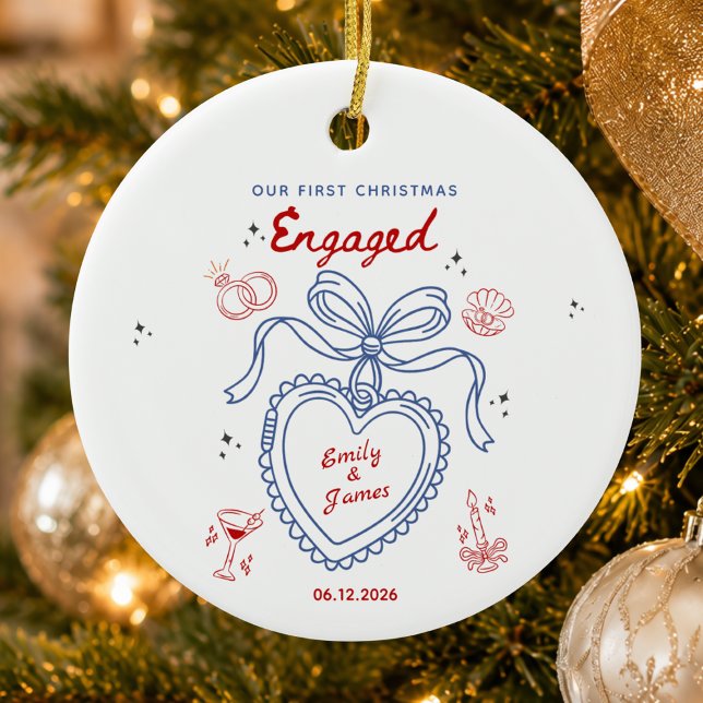 Our First christmas Engaged Red Blue Handdrawn Ceramic Tree Decoration (Creator Uploaded)