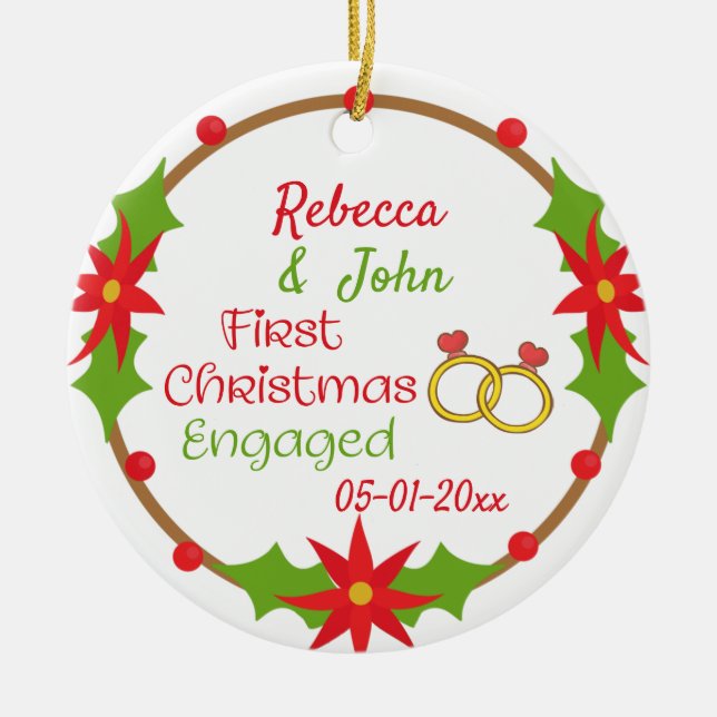 Our First Christmas Engaged Rings Cute Ceramic Tree Decoration (Front)