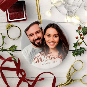 Our First Christmas Engaged Rose Gold Script Ceramic Tree Decoration