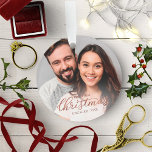 Our First Christmas Engaged Rose Gold Script Ornament<br><div class="desc">Our First Christmas Engaged Rose Gold Script Acrylic Ornament</div>