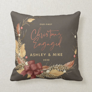 Our First Christmas Engaged Rustic Copper Photo Cushion