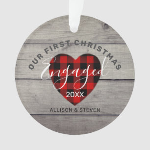 Our First Christmas Engaged Rustic Plaid Custom Ornament