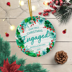 Our First Christmas Engaged Rustic Wreath Ceramic Tree Decoration