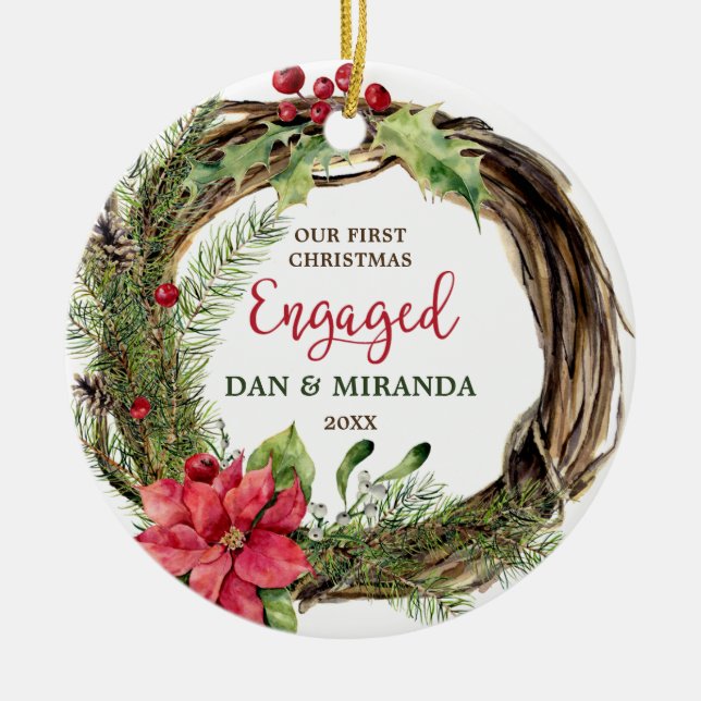 Our First Christmas Engaged Rustic Wreath Custom Ceramic Tree Decoration (Front)
