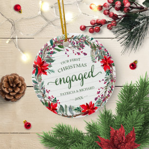Our First Christmas Engaged Rustic Wreath Floral Ceramic Tree Decoration