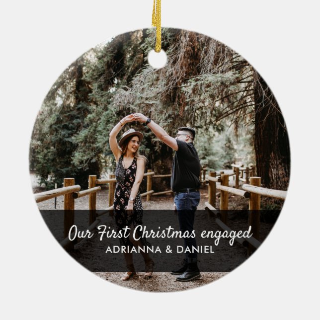 Our First Christmas Engaged Script Couple Photo Ceramic Tree Decoration (Back)