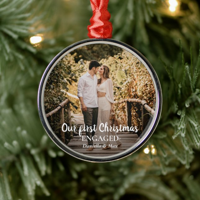 Our First Christmas Engaged Script Couple Photo Me Metal Tree Decoration (Tree)