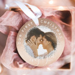 Our First Christmas Engaged Script Gold Two Photo Ornament<br><div class="desc">Beautiful and magical engagement keepsake photo ornament to commemorate your first Christmas engaged. The design features a faux gold background "Our First Christmas" arched around the ornament. "Engaged" is displayed in an elegant script. Customise with two photos,  one on the front and one on the back.</div>