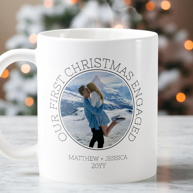 Our First Christmas Engaged SImple Modern 2 Photo Coffee Mug (Our First Christmas Engaged SImple Modern 2 Photo Coffee Mug)