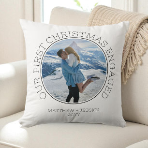 Our First Christmas Engaged SImple Modern 2 Photo Cushion