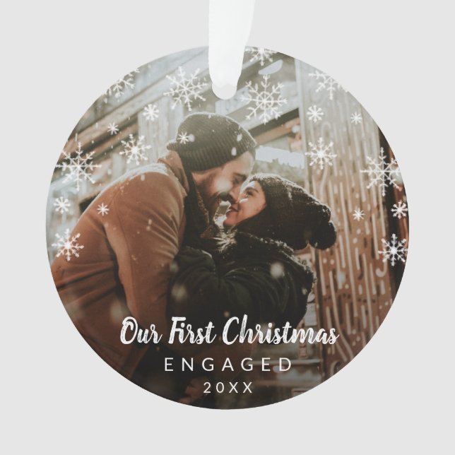 Our First Christmas Engaged Snowflakes Photo Ornament (Front)