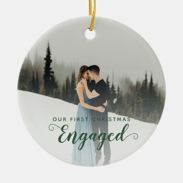Our First Christmas Engaged Two Sided Photo Couple Ceramic Tree Decoration (Front)