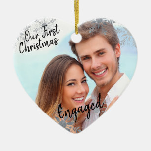 Our First Christmas Engaged w. Your Photo - Heart Ceramic Tree Decoration