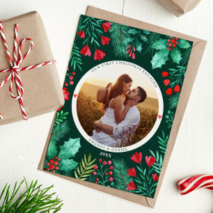Our First Christmas Engaged Watercolor Foliage Holiday Card