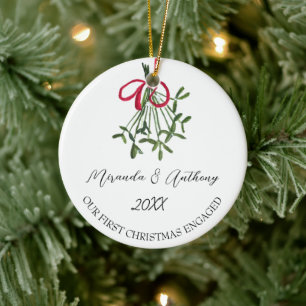 Our First Christmas Engaged Watercolor Mistletoe Ceramic Tree Decoration