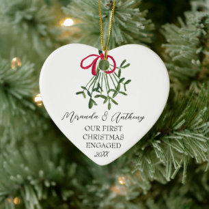 Our First Christmas Engaged Watercolor Mistletoe Ceramic Tree Decoration
