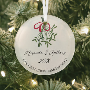 Our First Christmas Engaged Watercolor Mistletoe Glass Tree Decoration