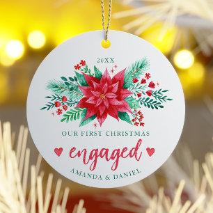 Our First Christmas Engaged Watercolor Poinsettia Ceramic Tree Decoration