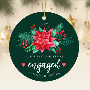 Our First Christmas Engaged Watercolor Poinsettia Ceramic Tree Decoration