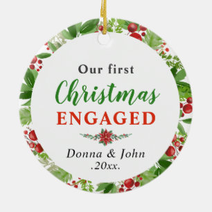 Our First Christmas Engaged   Watercolor Wreath Ceramic Tree Decoration