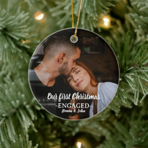 Our First Christmas Engaged Whimsical Script Photo Ceramic Tree Decoration