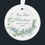 Our First Christmas Eucalyptus Leaves Green PHOTO Ornament<br><div class="desc">Modern Elegant Our First Christmas Watercolor Eucalyptus Leaves Greenery,  Gold Circle Ornament - Green Script,  Photo Back</div>