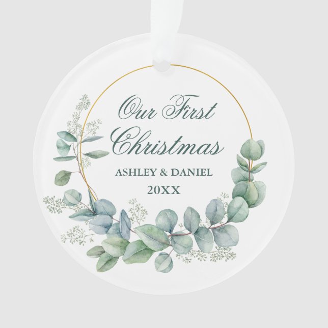 Our First Christmas Eucalyptus Leaves Green PHOTO Ornament (Front)