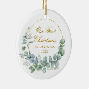 Our First Christmas Eucalyptus Photo Back Gold Ceramic Tree Decoration