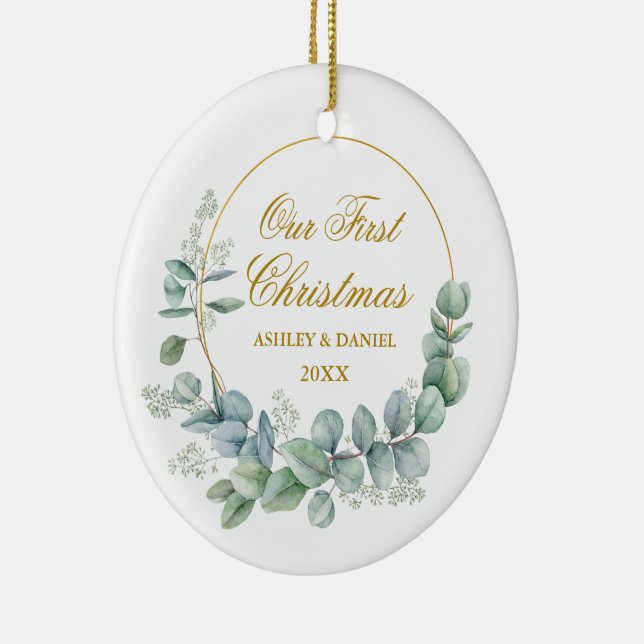 Our First Christmas Eucalyptus Photo Back Gold Ceramic Tree Decoration (Right)