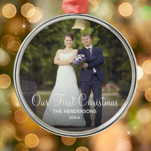 Our First Christmas Family Name Elegant Photo Metal Tree Decoration